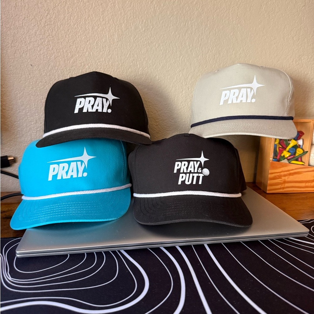Pray & Putt Caps in Black, Blue, and Gray